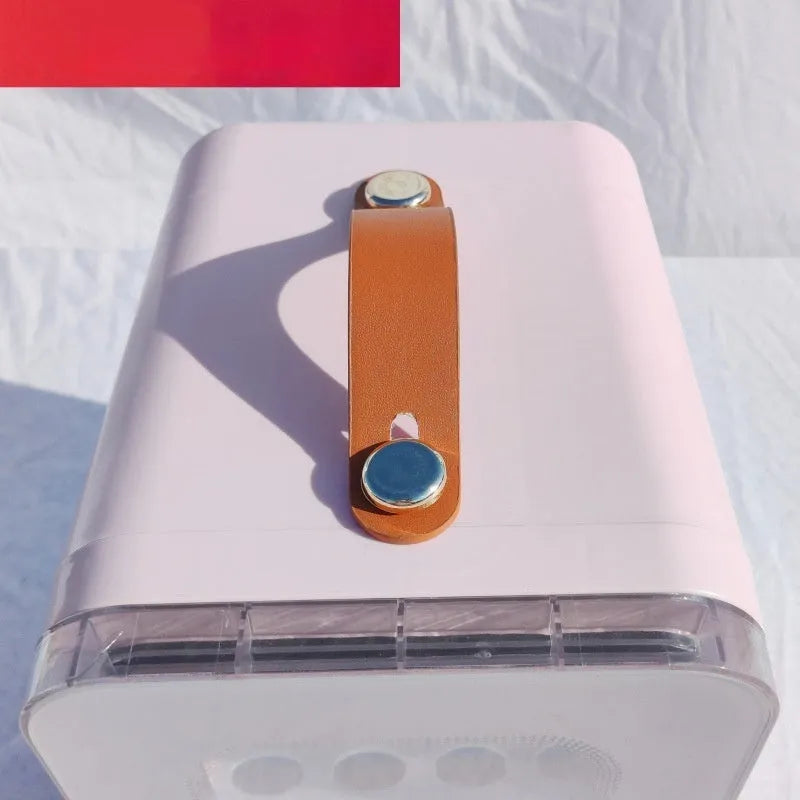 Pink mini refrigerator with transparent door showing 6L capacity for car and home hot cold dual use