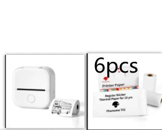 Compact Bluetooth-enabled thermal label printer in white, pink, and green colors with various label options