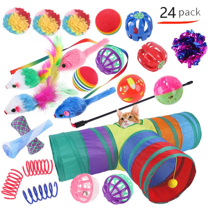 Plastic cat toy set with coloured tunnel channels and a ball for interactive indoor play.