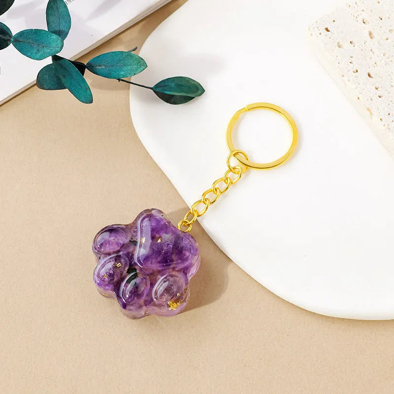 Natural crystal cat's paw keychain pendant with metal keyring in various gemstone colours