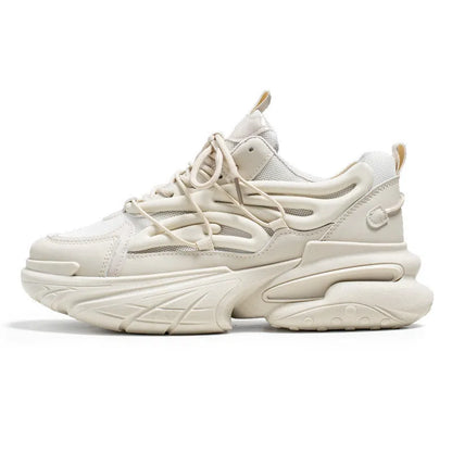Men's low-top lace-up sneakers in mesh and PU leather with rubber sole, shown in beige and black colours.