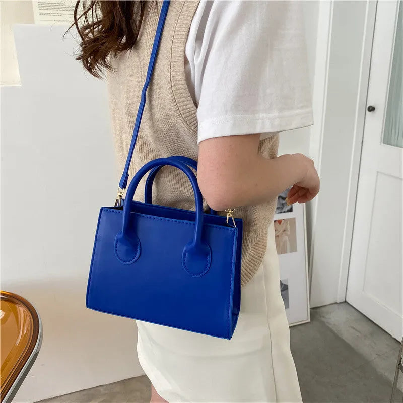 PU leather women's small square bag with single shoulder strap and document pocket - black, white, blue, brown, or green retro street fashion accessory for daily matching