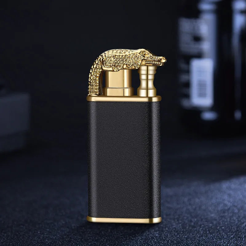 Metal windproof lighter with double flame and dragon design, showing flame from mouth.
