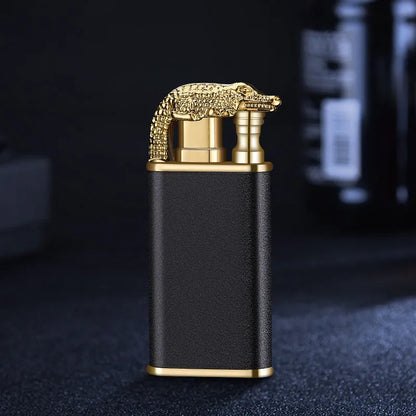 Metal windproof lighter with double flame and dragon design, showing flame from mouth.