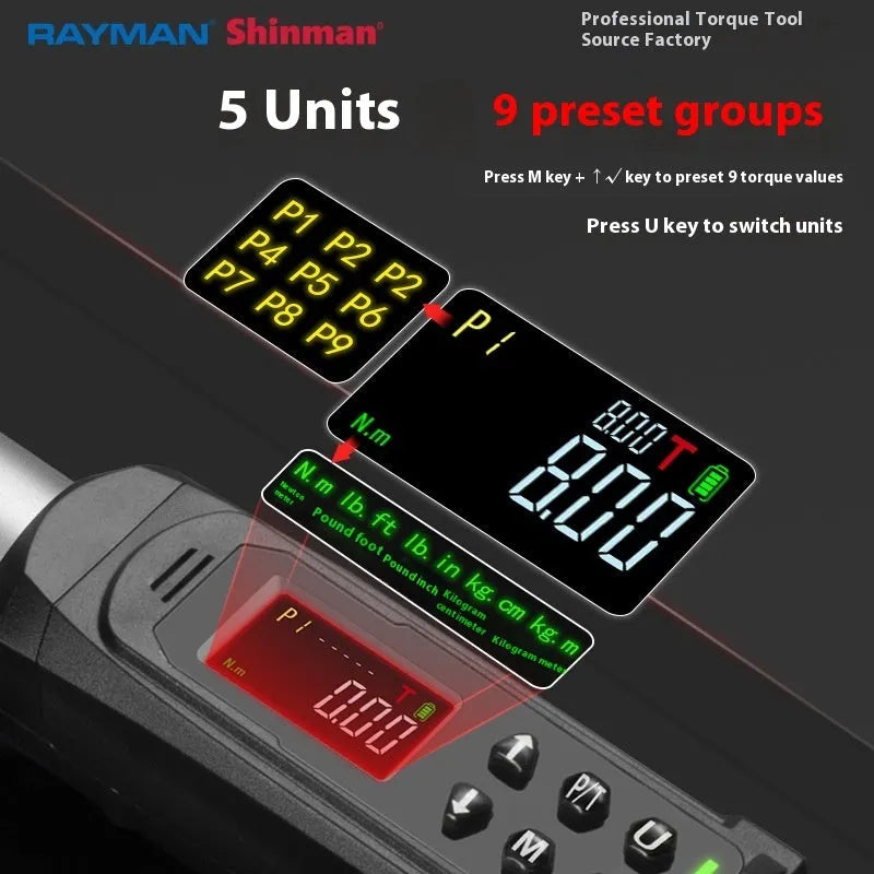 Electronic digital torque wrench with LCD screen showing torque reading, chrome-vanadium steel body