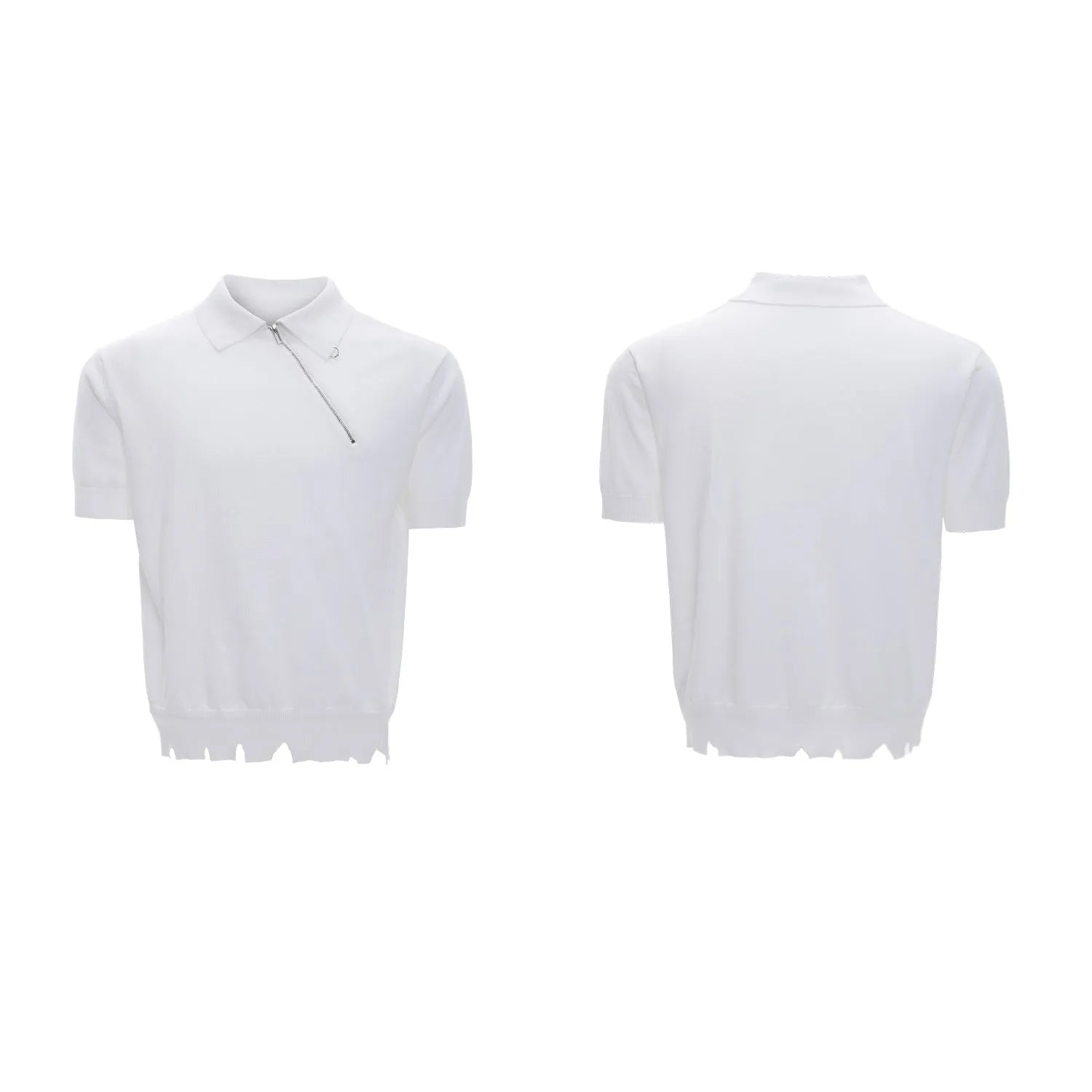 Man wearing a slim-fit black polo shirt with an oblique diagonal zipper and short sleeves.