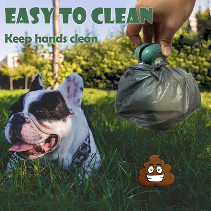 Blue portable dog pooper scooper with carabiner clip and waste bag dispenser, shown next to a waste bag.