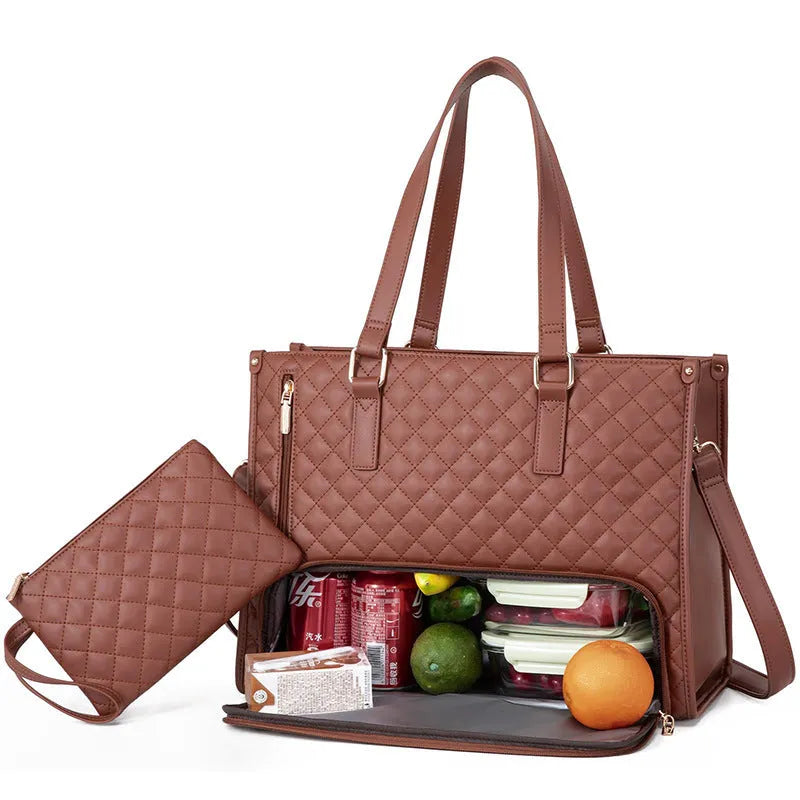 Women's quilted insulated lunch tote bag with laptop compartment and matching wallet in seven colour options