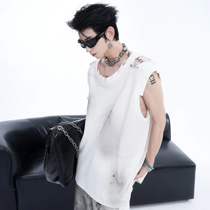 Men's black sleeveless t-shirt waistcoat vest with irregular ripped cutting detail and round neck collar