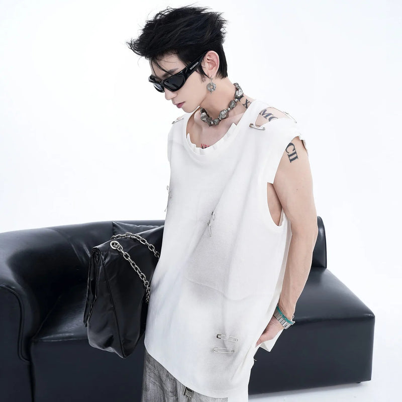 Men's sleeveless t-shirt waistcoat vest with irregular ripped cutting, available in black or white colours and cotton blend fabric in S, M, L, XL sizes suitable for casual wear