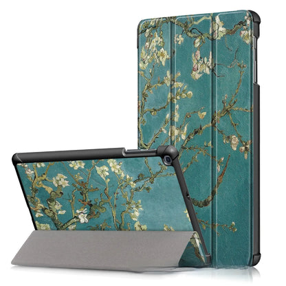 Plastic tri-fold flip cover case for a Samsung tablet showing decorative design options.