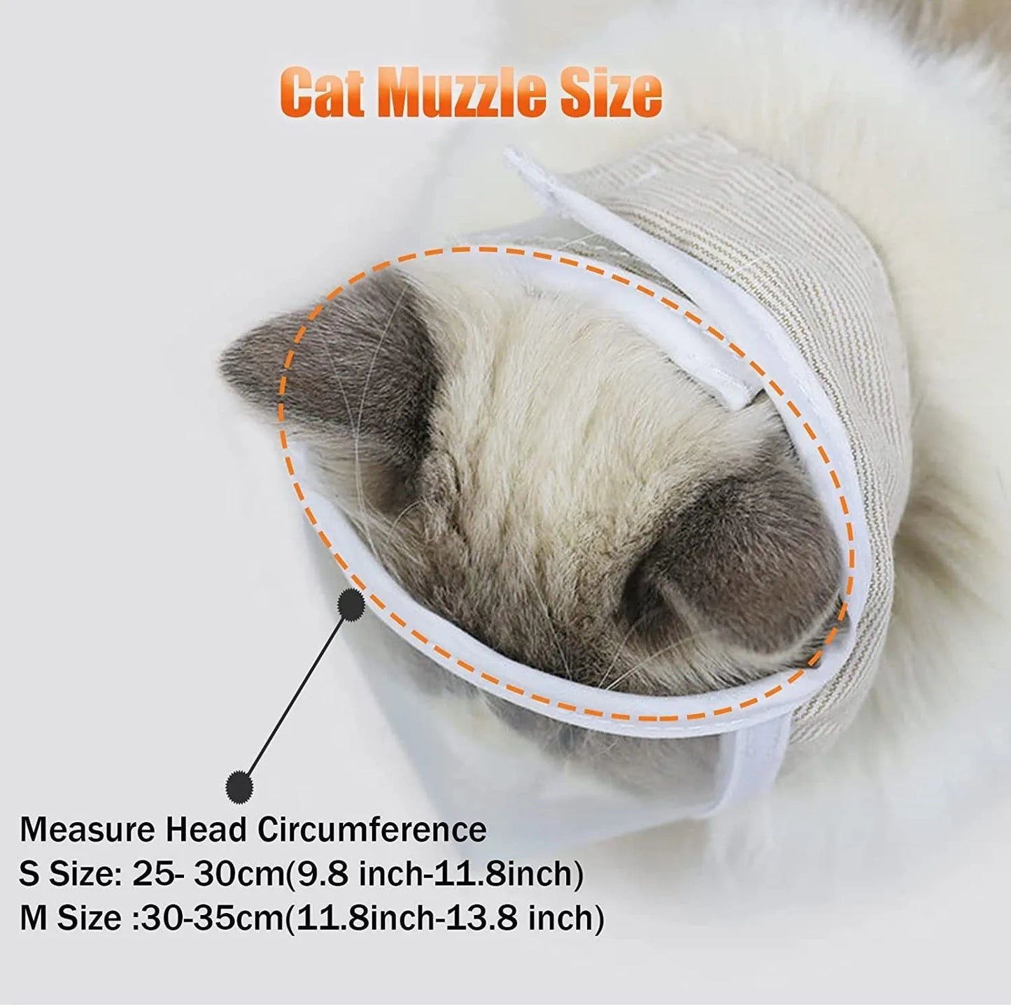 Clear transparent PVC and cotton cat muzzle with a centre breathing hole, shown in small and medium sizes.