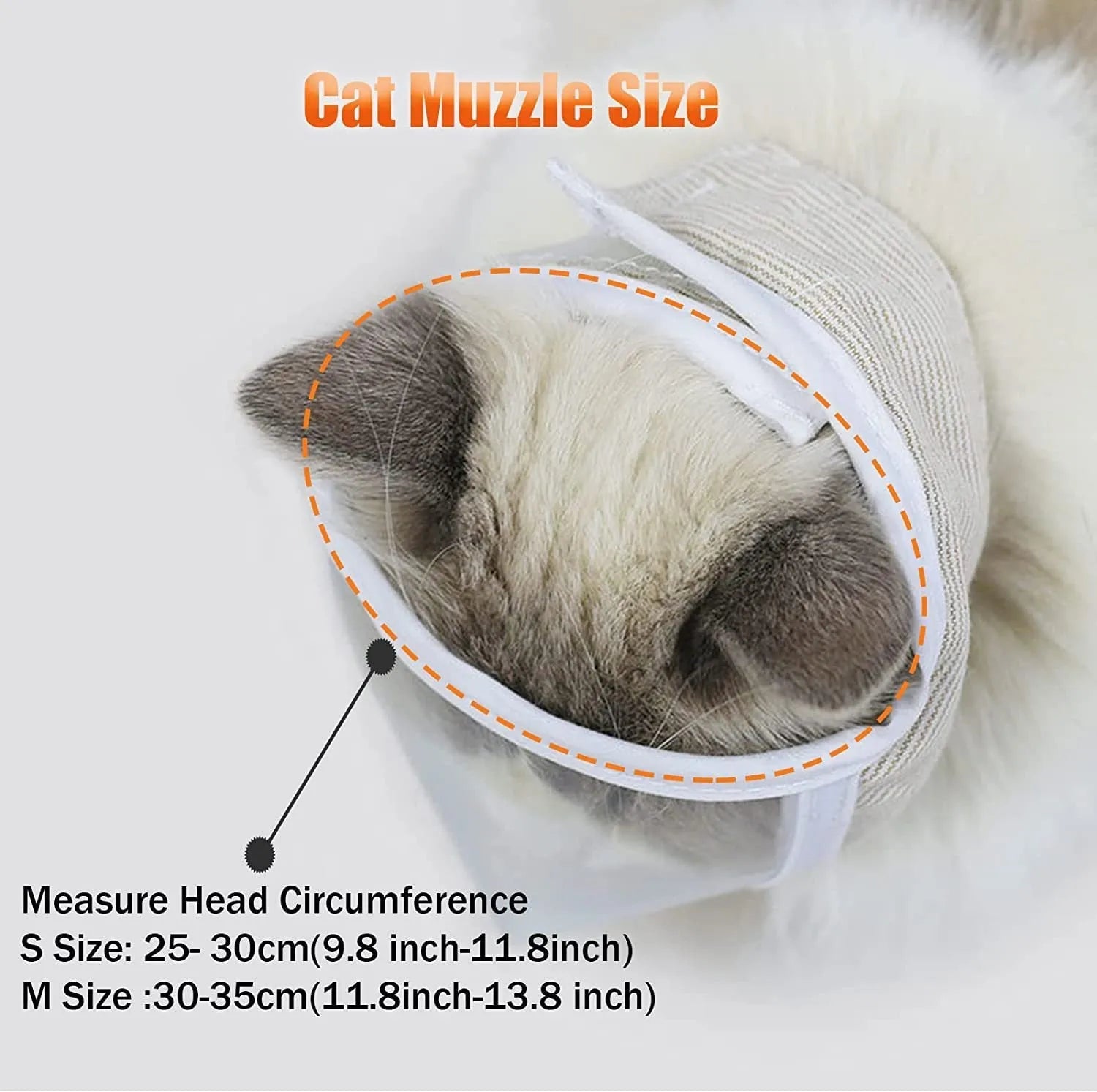 Clear transparent PVC and cotton cat muzzle with a centre breathing hole, shown in small and medium sizes.