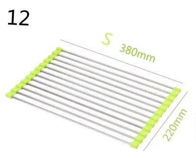 Folding stainless steel kitchen drain rack with coloured plastic tubes, shown open for use.