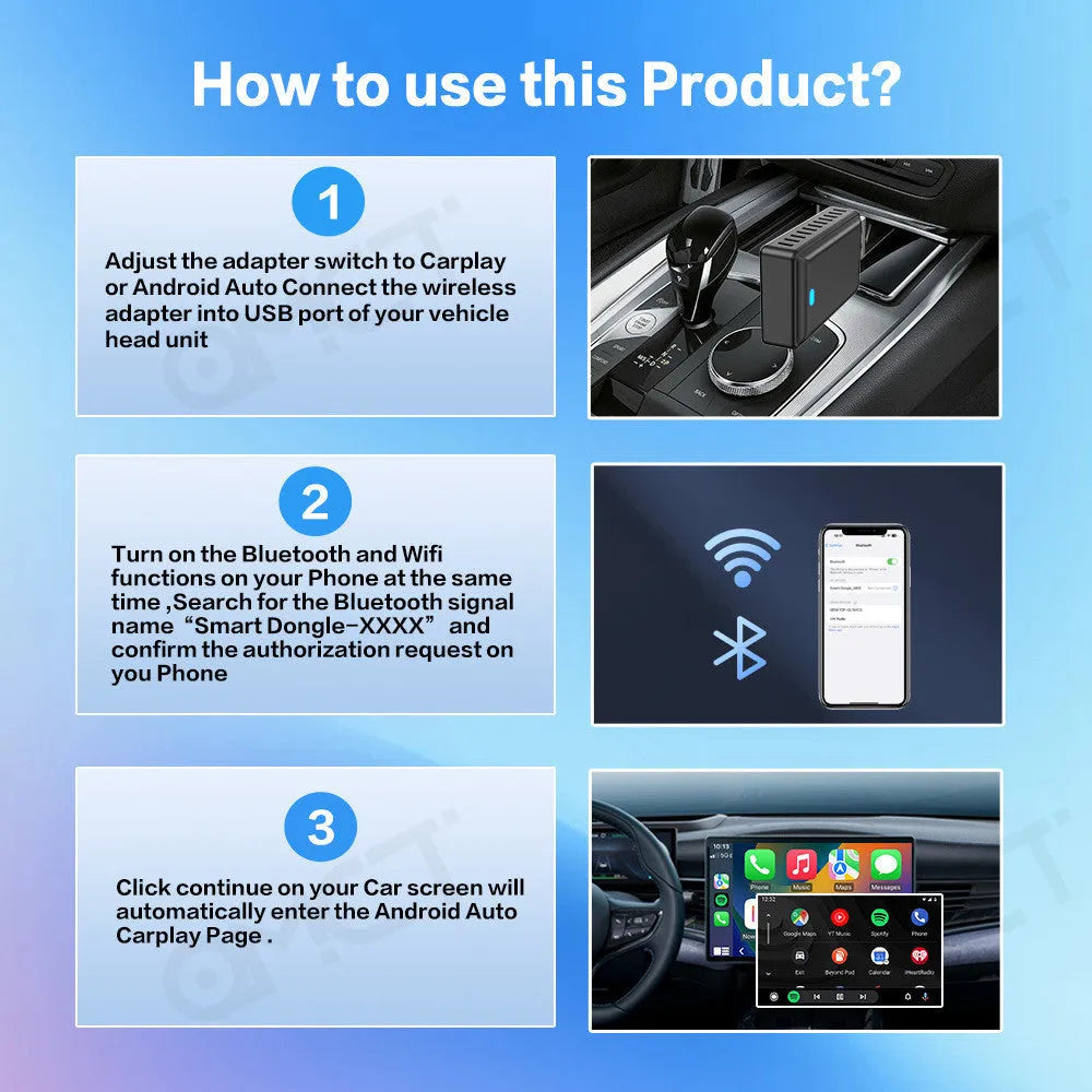 Black 9-inch wireless CarPlay adapter and GPS unit with a capacitive touch screen.