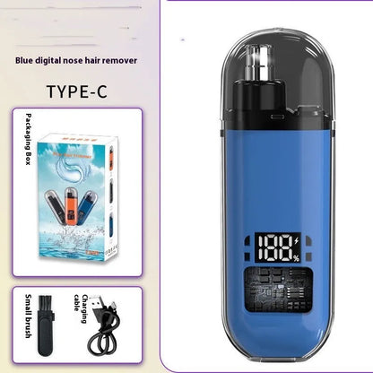 Rechargeable nose hair trimmer with digital display, cleaning brush, and USB charger