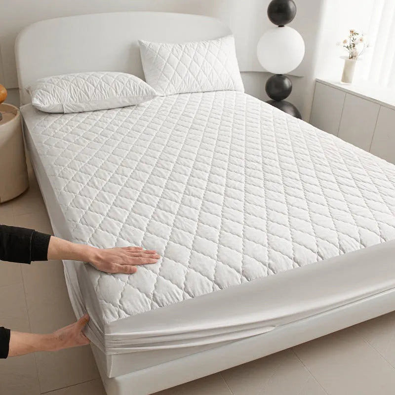 Diamond lattice quilted waterproof mattress protector set in black, grey, pink or white with fitted sheet and pillowcases