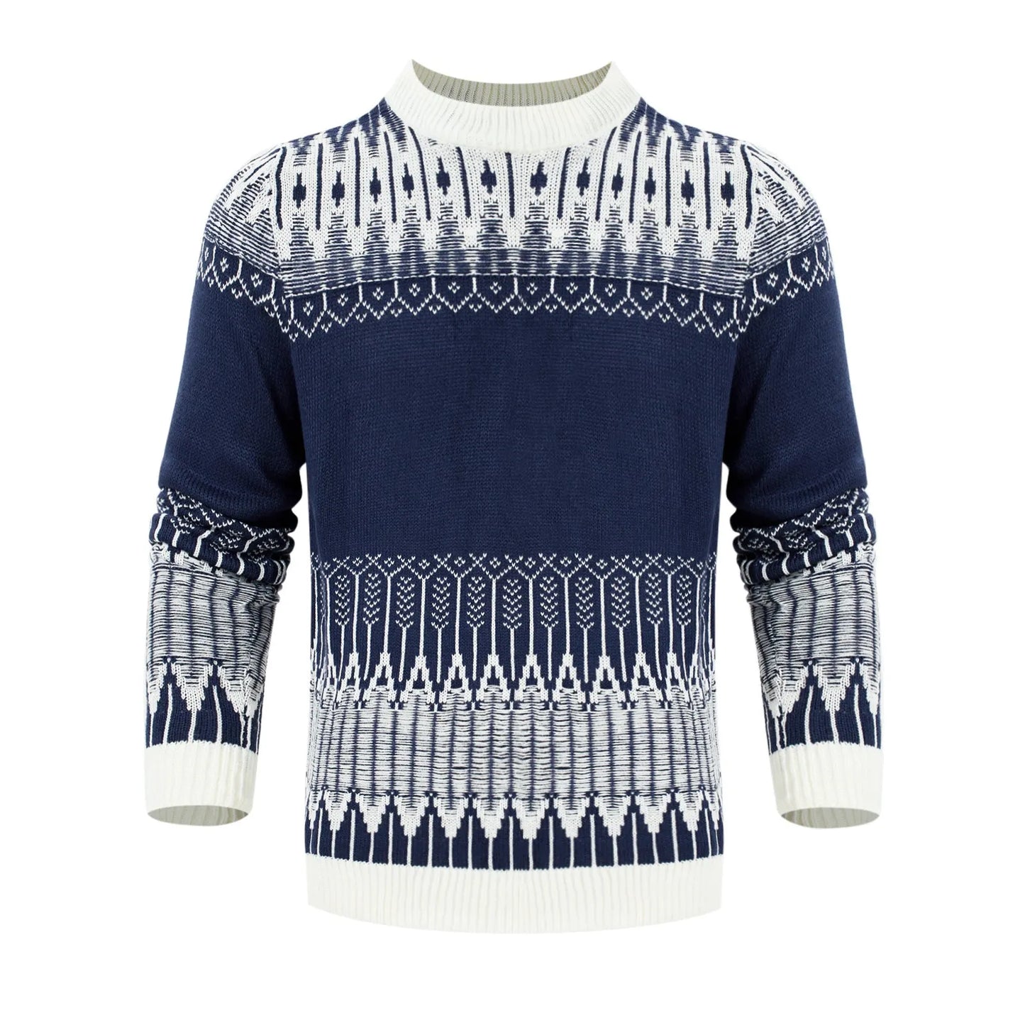Men's knitted crew neck pullover sweater with long sleeves shown in multiple sizes