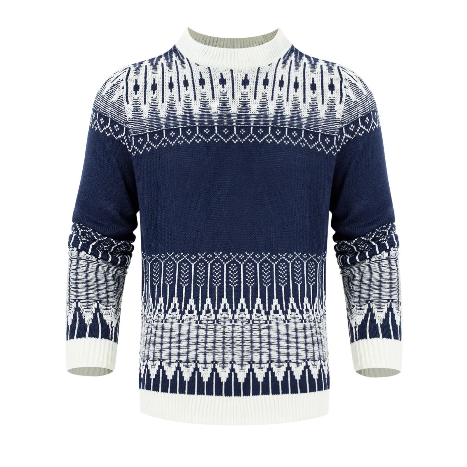 Men's knitted crew neck pullover sweater with long sleeves shown in multiple sizes
