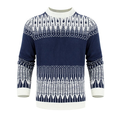 Men's knitted crew neck pullover sweater with long sleeves shown in multiple sizes