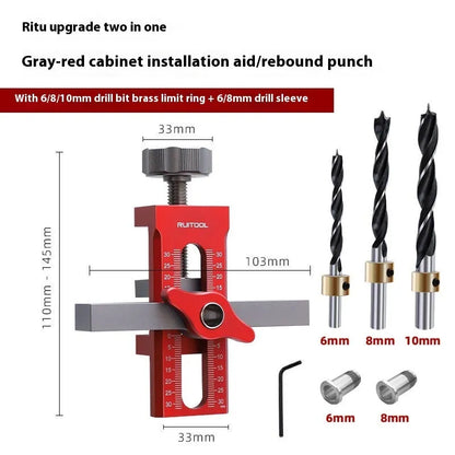 Aluminium alloy cabinet door installation jig for hinge and handle fitting.
