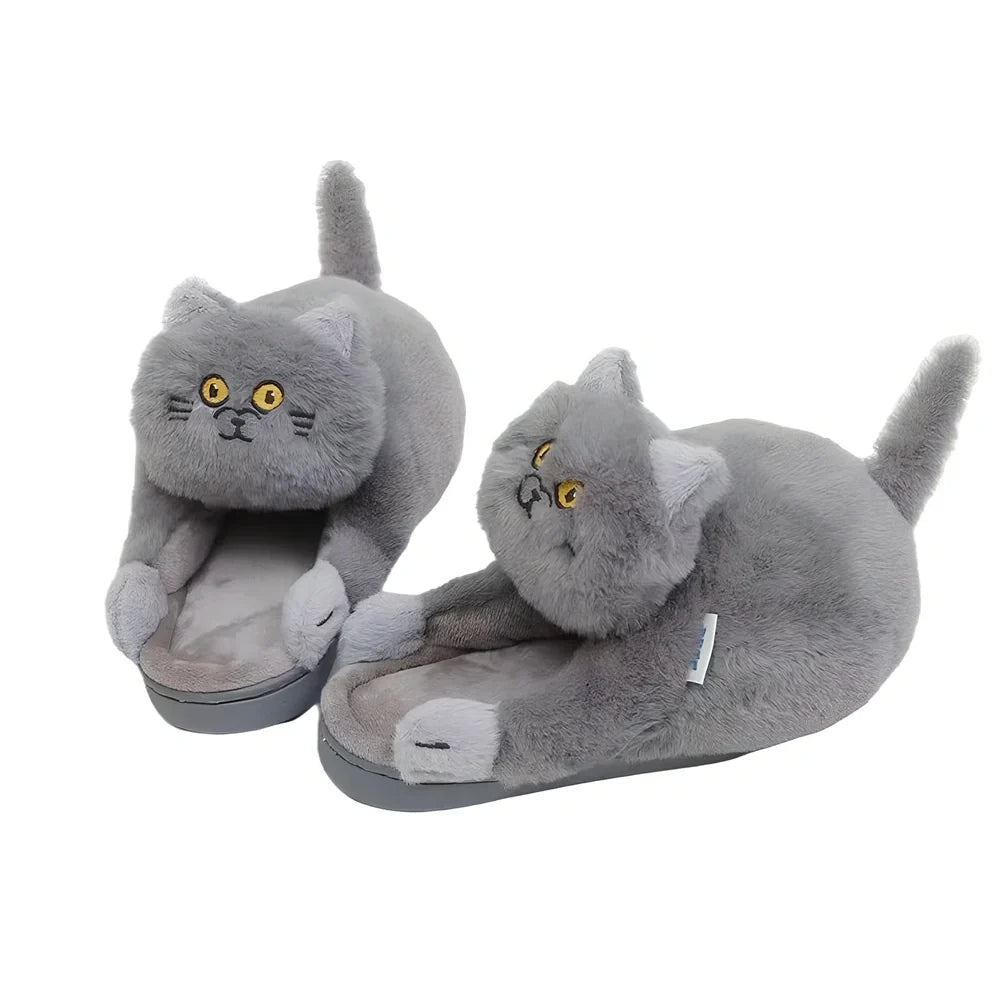 Blue cat pattern cotton slippers with 1.5cm heel and non-slip soles for UK sizes 35-43
