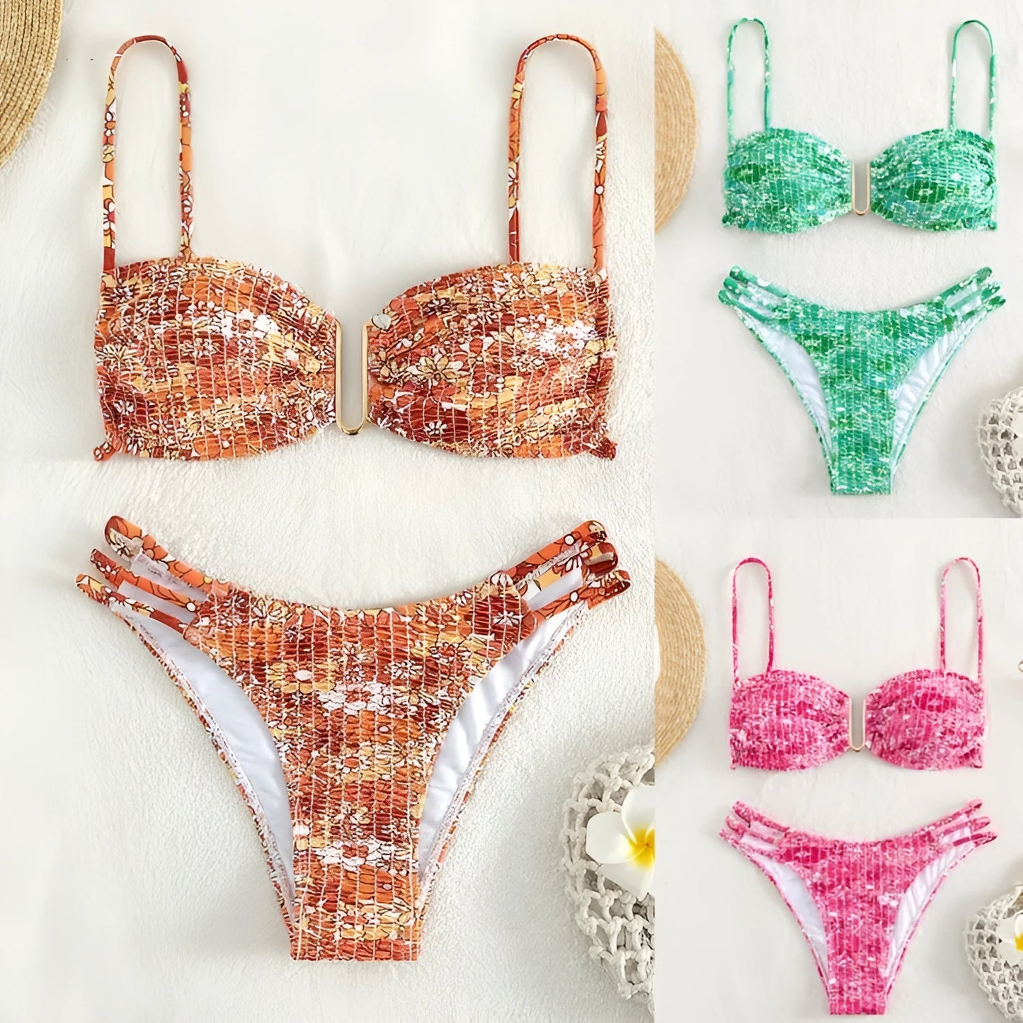 Women's floral high-waist bikini swimsuit in solid colour with matching bra and briefs