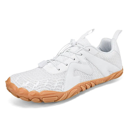 Climbing shoes with Flyknit lining and a rubber sole in A83 colour options on a climbing hold.