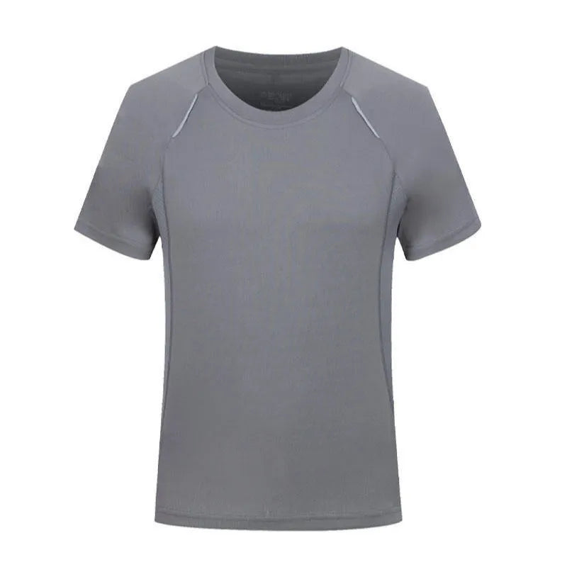 Men's slim fit quick-dry T-shirt in grey, showing round neck and short sleeve design.