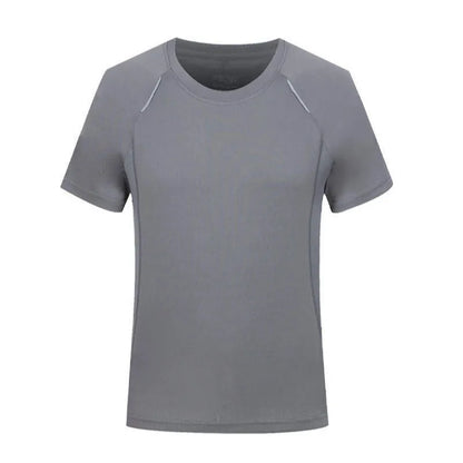 Men's slim fit quick-dry T-shirt in grey, showing round neck and short sleeve design.