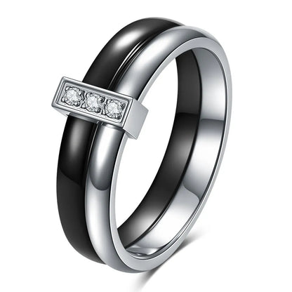 Women's ceramic ring with geometric design, glossy stitching, and zirconium inlay in steel black or gold white finish