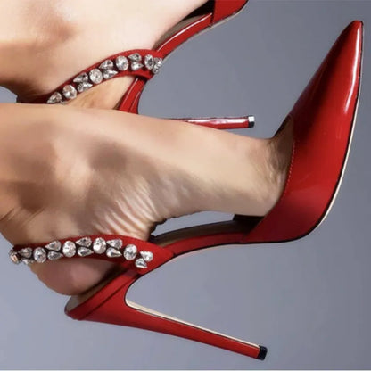 Women's black patent leather pointed toe sandals with rhinestone embellishments on an 11cm heel.