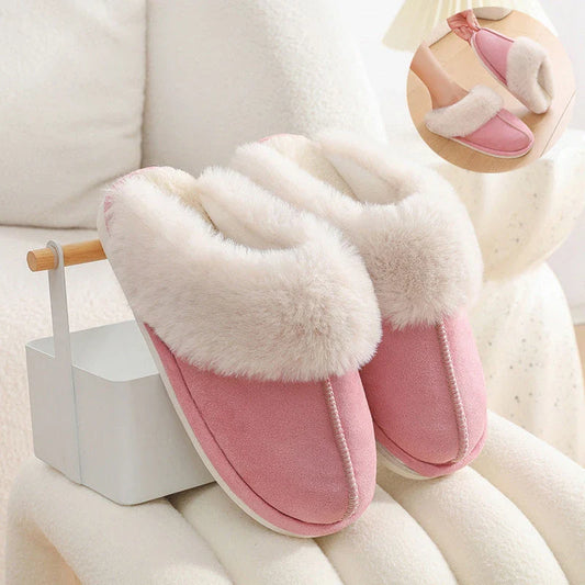 Cozy plush house slippers for women in various colors and sizes, featuring soft, warm, and non-slip design