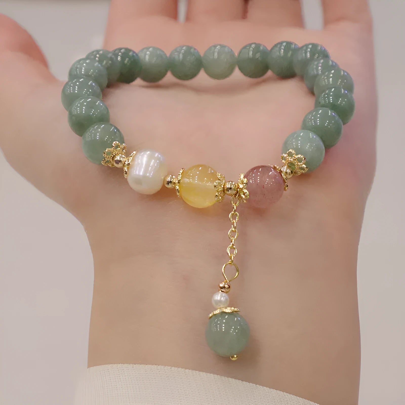Hanfu style women's Myanmar jade bracelet with geometric design and pearl decorative elements