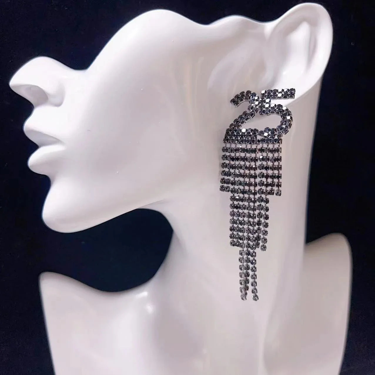 Rhinestone letter earrings in gold, white, and black colors with a unique digital design and sparkling rhinestone embellishments