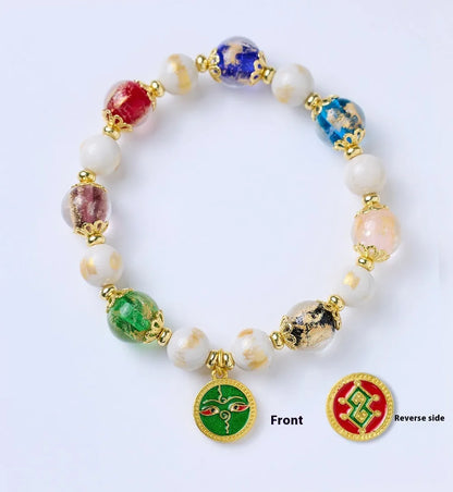 Handmade fragrant gray porcelain bracelet with five Gods of Wealth design in coloured glaze glass