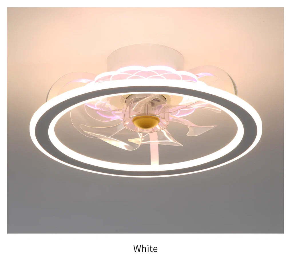 Modern bedroom ceiling fan lamp in white circle with metal blades and Yake shade, 80cm diameter for 220V use