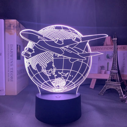 Custom 3D aeroplane hologram night light with personalised name, showing optical acrylic panel and ABS base