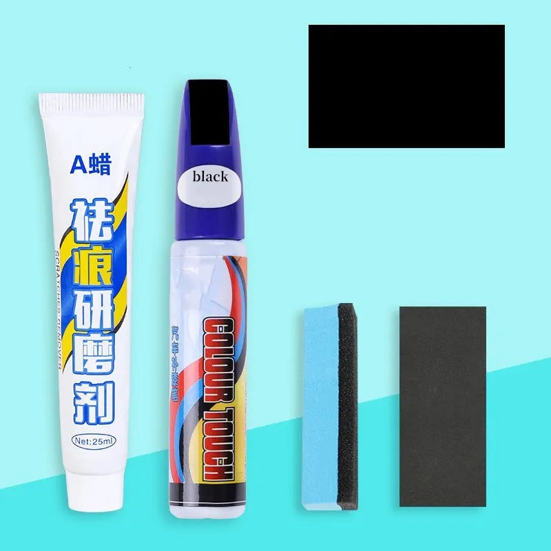 Automotive paint repair pen kit with touch-up fluid, wax, sponge, and sandpaper for car scratch repair