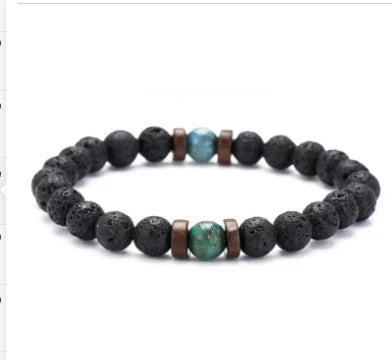 A stylish and durable men's bracelet made with volcanic stone, flash stone, and wood chips