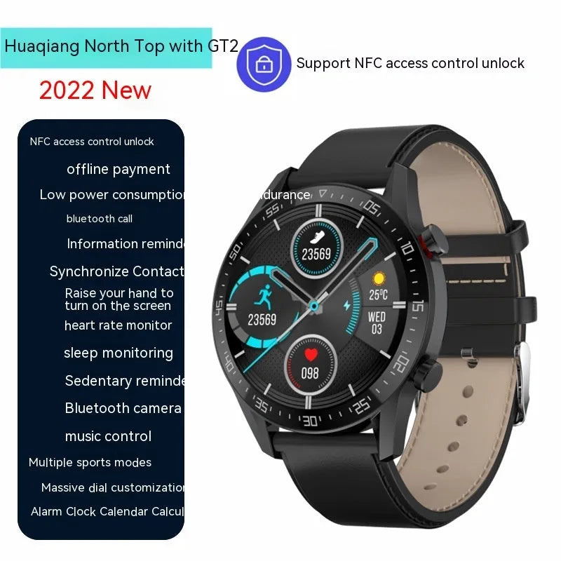 Black or silver smartwatch with 1.3-inch screen showing interface, featuring Bluetooth calling and NFC.