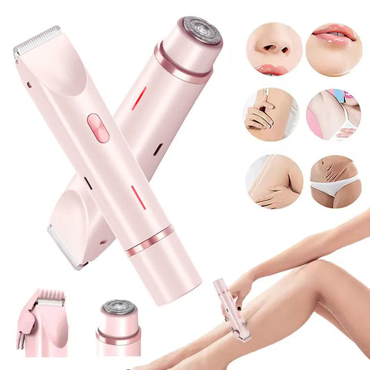 Pink electric shaver with double head, USB cable, and brush for women's body grooming