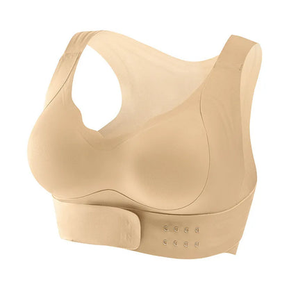 Front buckle closure on a black women's yoga bra with fixed double shoulder straps and a 3/4 cup.
