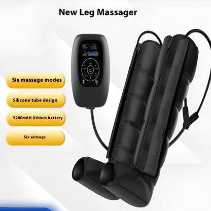Air wave pressure leg, arm, and waist massager unit with handheld remote control on a grey background
