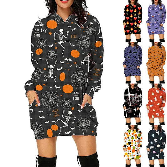 Women's cozy pullover hoodie with bold Halloween-themed print, available in multiple vibrant color options