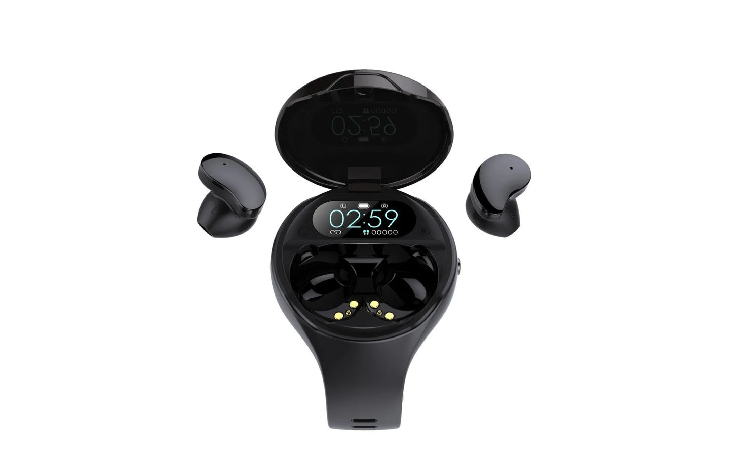 Black smart watch with detachable Bluetooth earphones docked on the side