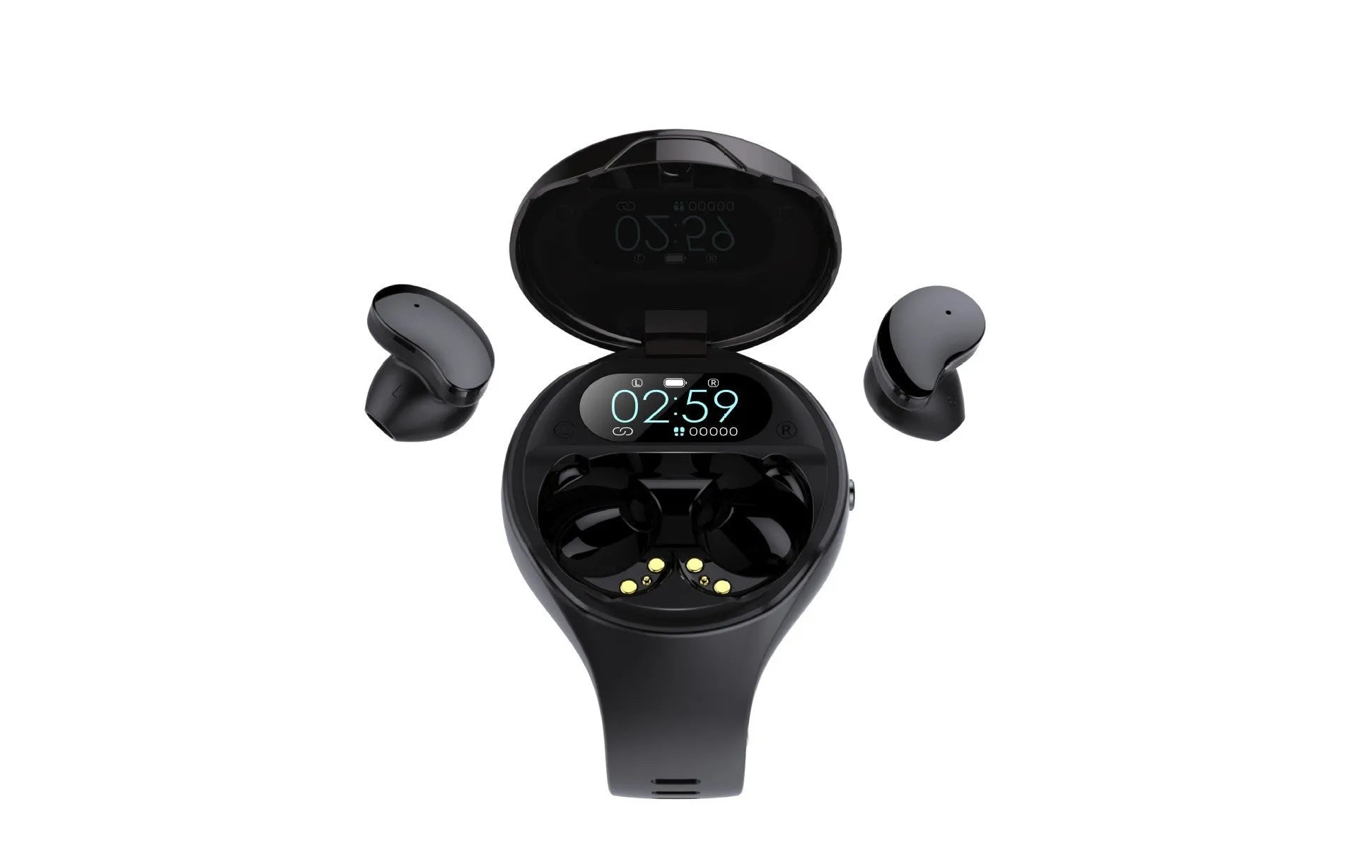 Black smart watch with detachable Bluetooth earphones docked on the side