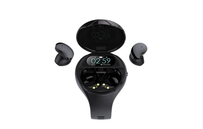 Black smart watch with detachable Bluetooth earphones docked on the side