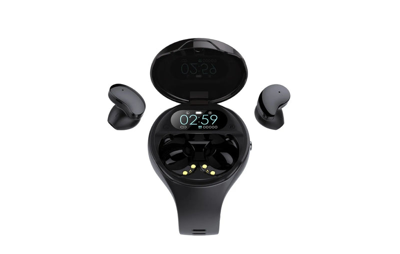 Bluetooth headset and smart watch combo in black, featuring detachable TWS earphones with a 10-metre transmission range and Bluetooth 5.0, compatible with Apple, OPPO, Vivo, Huawei, Xiaomi, Samsung, and Meizu smartphones