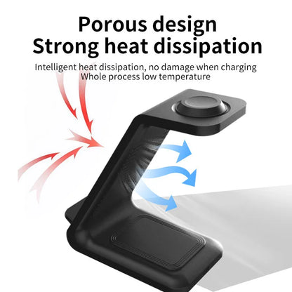 White 3-in-1 wireless charging station with phone upright in holder, watch and earbuds on charging pads